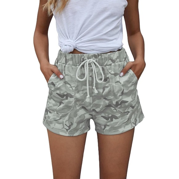 Women's Camo Print Drawstring High Waist Workout Track Shorts with Pockets - Picture 4 of 4